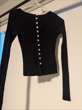 Free People Black Ribbed Long-Sleeve Button-Back Top
